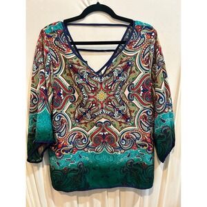 Pink Owl V-Neck 3/4 Sleeve Paisley‎ Print Top Colorful Bohemian Blouse